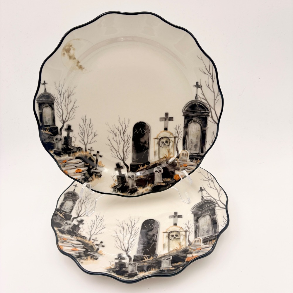 Potters Studio Halloween Graveyard Dinner Plates Set of 2 Scalloped Edge 10.5 in